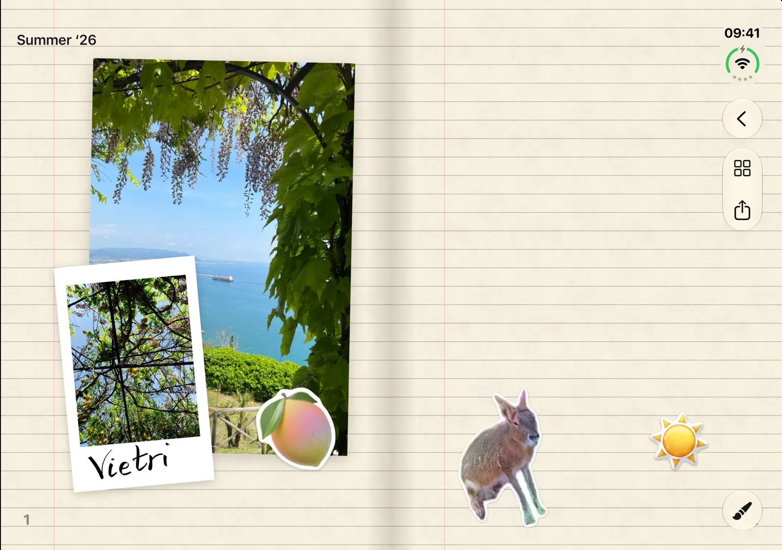A journal open on an iPhone Duo: on the left, a Sunday kept with lettering, tape, a train ticket, a line in pink script, a heart and a peach sticker and a note; on the right, grid paper with a date, tape, a sticky note and a butterfly.