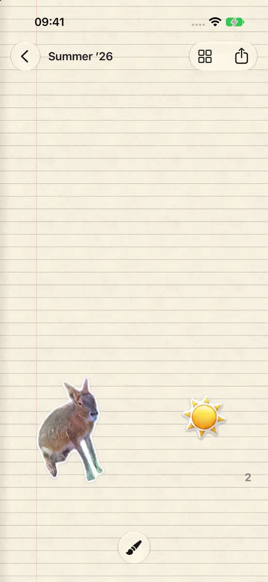 The journal's right-hand page on an iPhone: grid paper with a date, tape, a sticky note and a butterfly sticker.